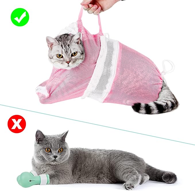 Cat Bathing Bag Adjustable Cat Grooming Net Bag Anti-Bite & Anti-Scratch Cat Bath Washing Restraint Bag, Breathable Mesh Cat Grooming Bag for Shower, Nail Trimming, Injection