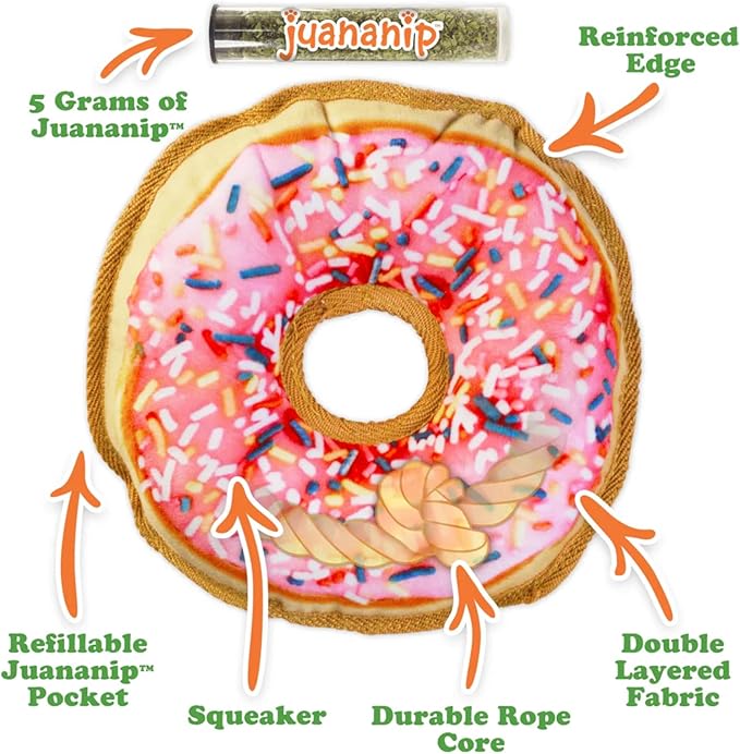 Doggijuana Doggi Duo Refillable Juananip Toy Bundle | Pink Donut & Juananip | Funny Dog Toy Plush with Catnip and Refill | Interactive Chew for Play