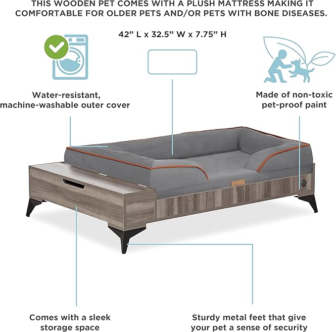 Wooden Dog Bed with Mattress, Large to Extra Large Water-Resistant Elevated Pet Bed, Wooden Pet Bed with Storage, Greenguard Gold Certified, Machine Washable, Smokey Grey, Wyatt - TailZzz