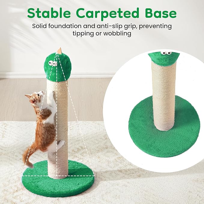 Cat Scratching Post for Small Space, 22'' Scratching Posts for Indoor Cats Adults, Extra Wide 13.4" Stable Base & Natural Sisal, Cute Cat Scratching Post with Short Plush Fabric for Indoor Cats, Green