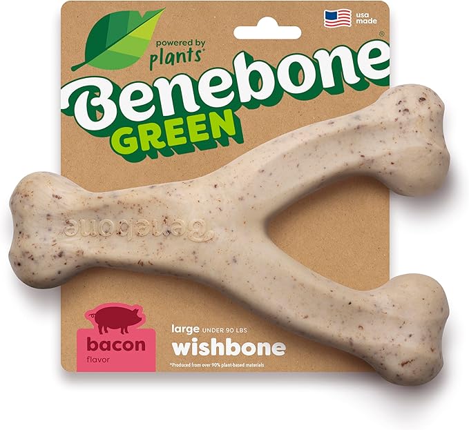 Benebone Green Plant-Based Real Bacon Wishbone Dog Chew Toy for Large Dogs, Dog Bones for Moderate Chewers, Made in USA