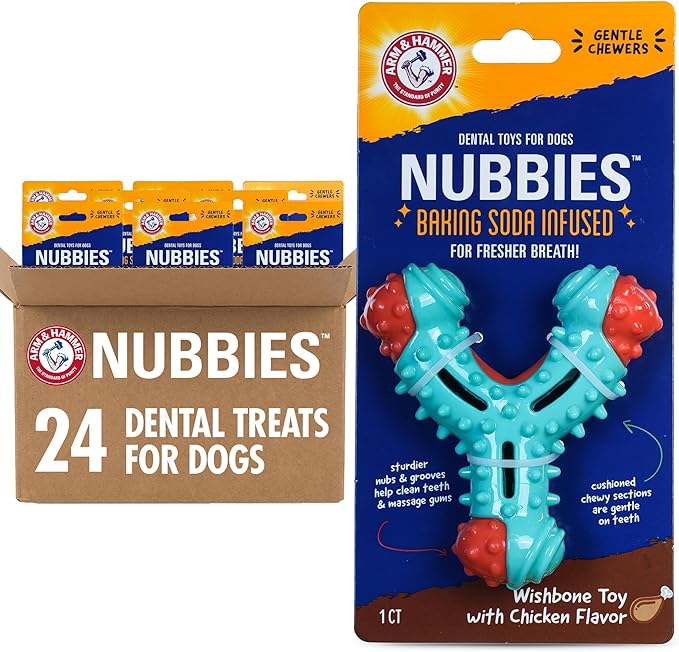 Arm & Hammer for Pets Nubbies Wishbone Dog Dental Toy | Best Dog Chew Toy for Moderate Chewers | Helps Reduce Plaque & Tartar | Chicken Flavor Baking Soda (Pack of 24)