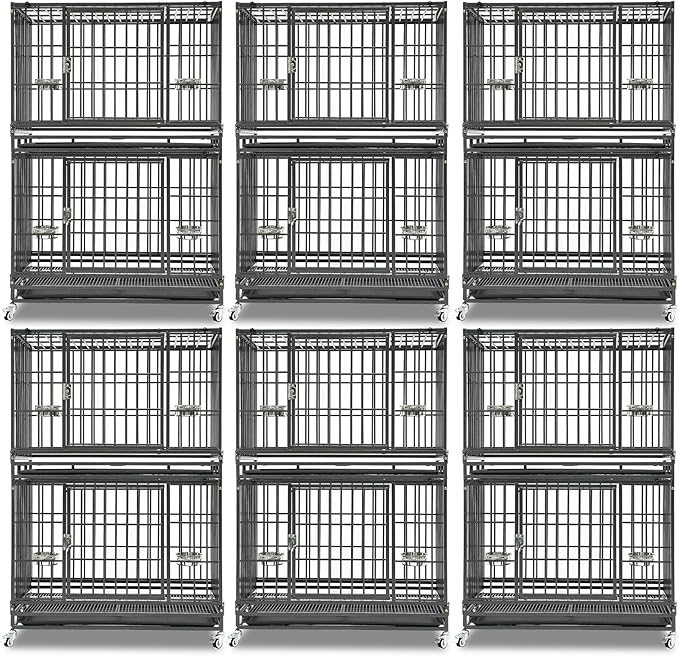 Homey Pet Two Tiers 37 Inch Dog Crate Cage Kennel with Feeding Bowls, Lockable Wheels and Removable Tray, Escape Proof Metal Wire Heavy Duty Dog Crates for Medium/Small Sized Dogs (6 Pack)