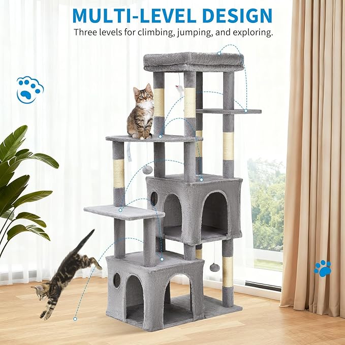 GarveeLife 61" Multi-Level Cat Tree for Indoor Cats, Heavy-Duty Tower for Large Adult & Maine Coon Cats with Oversized Perch, Dual Condos, Natural Sisal Scratching Posts & Play Toys – Light Gray