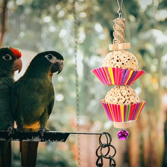 BESTonZON Parrot Chewing Hanging Bird Cage Accessory with Natural Rattan and Two Shreddable Balls for Parakeets and Small Birds to Chew and Play