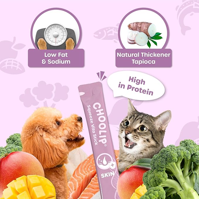 Choolip Squeeze Vita Stick Skin Support Lickable Cat and Dog Treats – 49-Count Multivitamin Sticks for Skin and Coat Health, Soft Puree for All Life Stages – Box with 7 Pouches