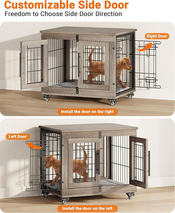 YaFiti Dog Crate Furniture with Cushion Set of 2, Wooden Dog Kennel Indoor with Double Doors, Dog Cage with Wheels, Dog House Side End Table for Small Dogs up to 30 lb, 27.2" L, Grey