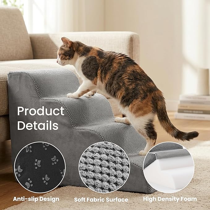 HealSmart Dog Stairs for Small Dogs, 4-Step Curved Design Pet Steps for Puppies & Senior Cats, High-Density Foam Indoor Non-Slip Ladder, Perfect for Sofa Couch and Chair Furniture Access, Gray