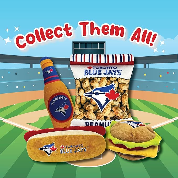 MLB Toronto Blue Jays Plush Dog Toys - Stadium Theme Snacks - Cutest Plush HOT-Dog Toy for Dogs & Cats with Inner Squeaker & Premium Embroidery of Baseball Team Name/Logo