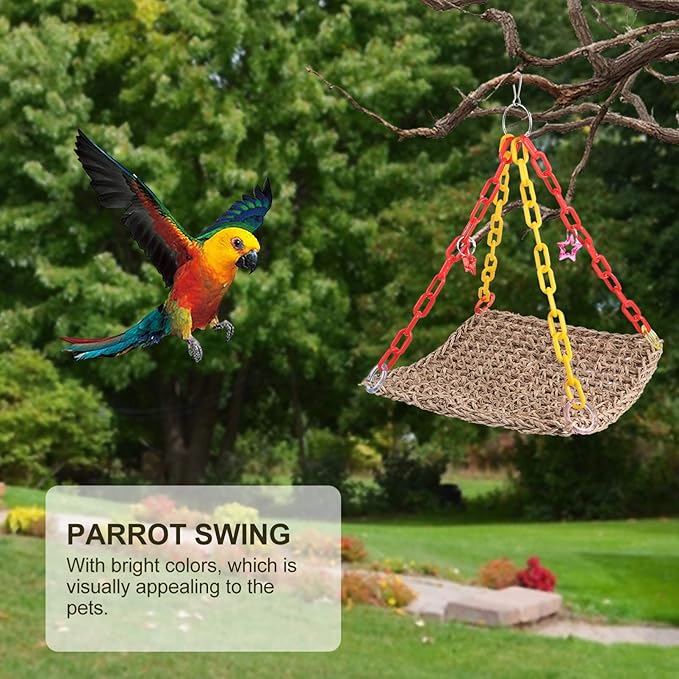 Mikikit Parrot Chewing Toy Swing Hammock for Birds Natural Straw Rope Bird Cage Accessory Climbing Play Bed for Parakeets Lovebirds and Cockatiels Space-Saving Design