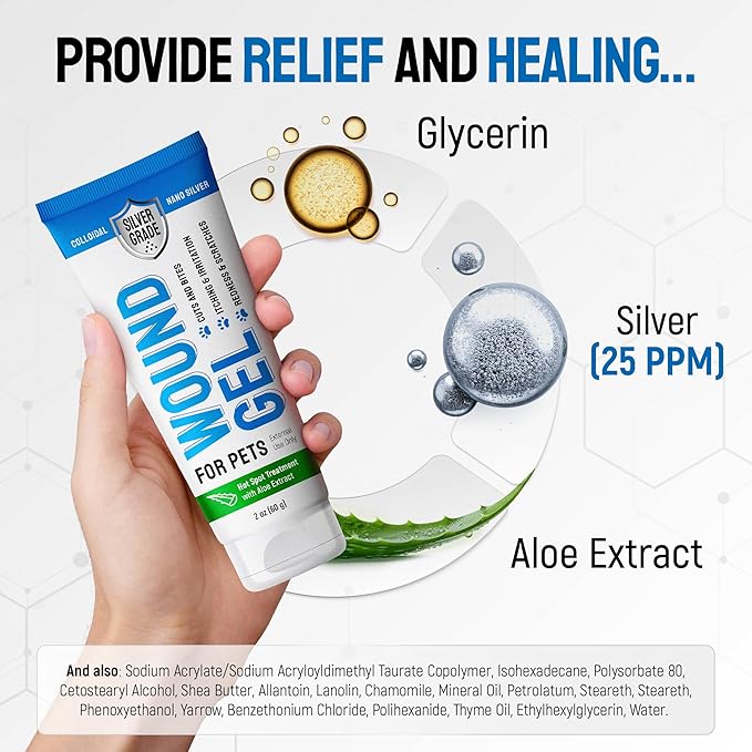 Wound Gel Tube for Pets – Dog Wound Care with Silver & Aloe – Cat & Dog Hot Spot, Scratches, Cuts, Bites Care – Help with Abrasions & Sores in Horses – Safe Breeds – 2 Oz