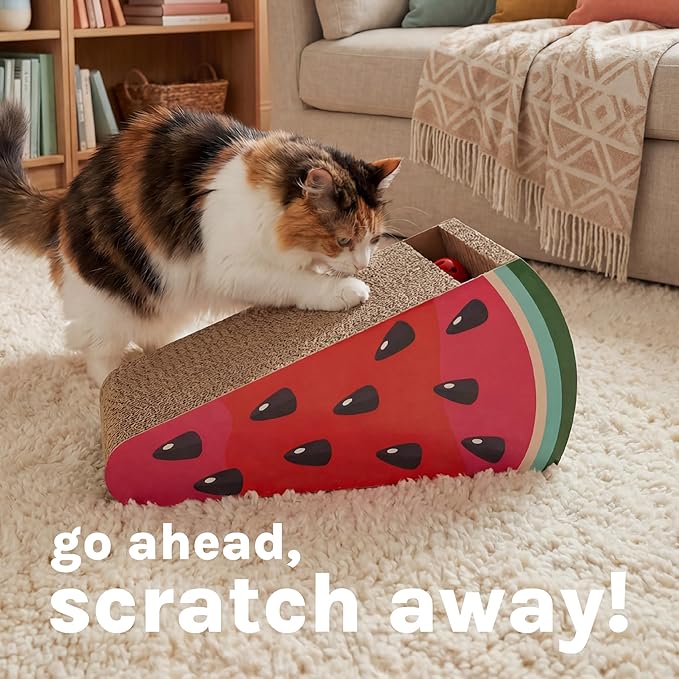 Kitty City Watermelon Slice Corrugate Cat Scratcher with Ball Track Toy - Angled Scratch Pad Lounger, Horizontal Corrugate Nail File Bed for Indoor Kittens, Kitty Enrichment & Play, 16” x 11”