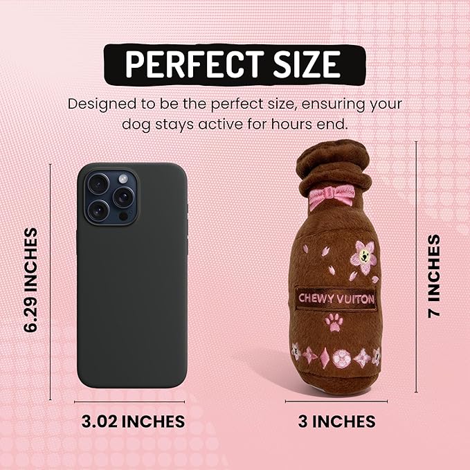 Dog Diggin Designs Chewy Vuiton Brown Blossom Pawfum Plush Dog Toy Bottle | Luxury-Inspired Parody Designer Perfume Bottle with Squeaker, Soft Plush Fashion Dog Toy – Prêt-à-Porter Play!