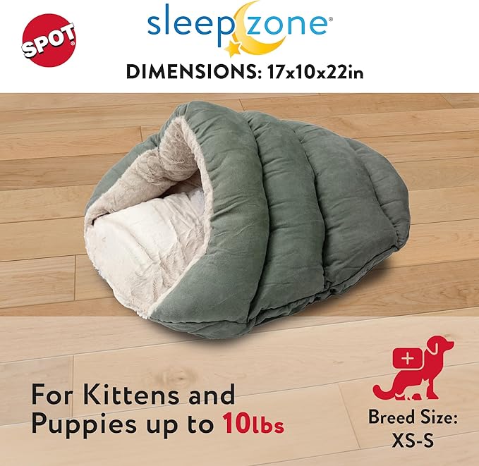 SPOT Sleep Zone Cuddle Cave - Cat Cave Bed for Indoor Cats and Mini Dogs, Durable, Comfortable, Washable for Kittens and Puppies Under 10 lbs and 12 inches Long, Sage Color