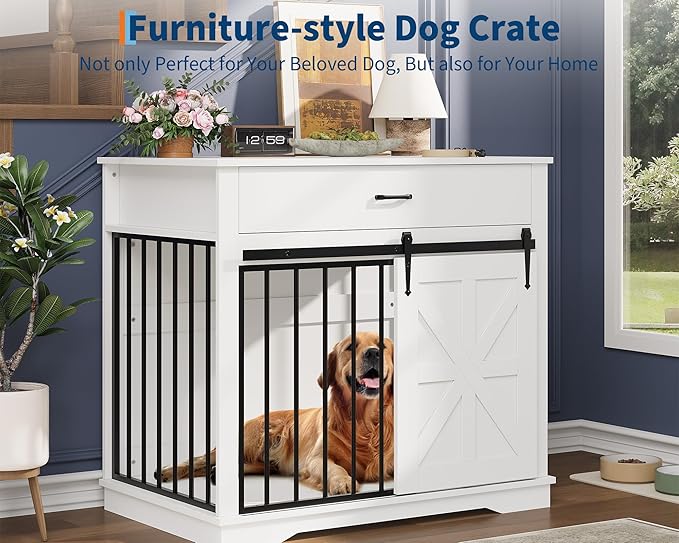 GarveeHome Dog Crate Furniture, 37.8" Large Dog Kennel Indoor, Wooden Kennel Table with Sliding Barn Door and Storage Drawer, Indoor Dog House for Large/Medium/Small Dogs