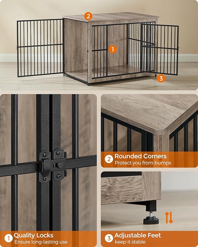 Feandrea 43.3" Dog Crate Furniture, Heavy-Duty Dog Cage Side End Table, XL Pet Wood Kennel for Large and Medium Dogs up to 80 lb with Enclosed Base, Double-Door Pet House, Greige