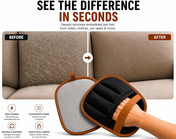 Pet Hair Remover Gloves 2-Pack | Five-Finger Electrostatic Fur & Lint Remover | Cat Hair Remover | Dog Hair Remover Gloves | Fur Remover | Reusable & Washable | Couch, Carpet, Car Seats & Laundry