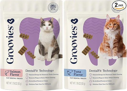 Groovies Cat Daily Dental Treats. Tasty, Crunchy Bites Cats Love. Powered by USA-Patented DentalFit Tech. No Gluten or Artificial Flavors or Colors. 1.76oz Each bag - (2 pack) of (1)Salmon & (1)Tuna