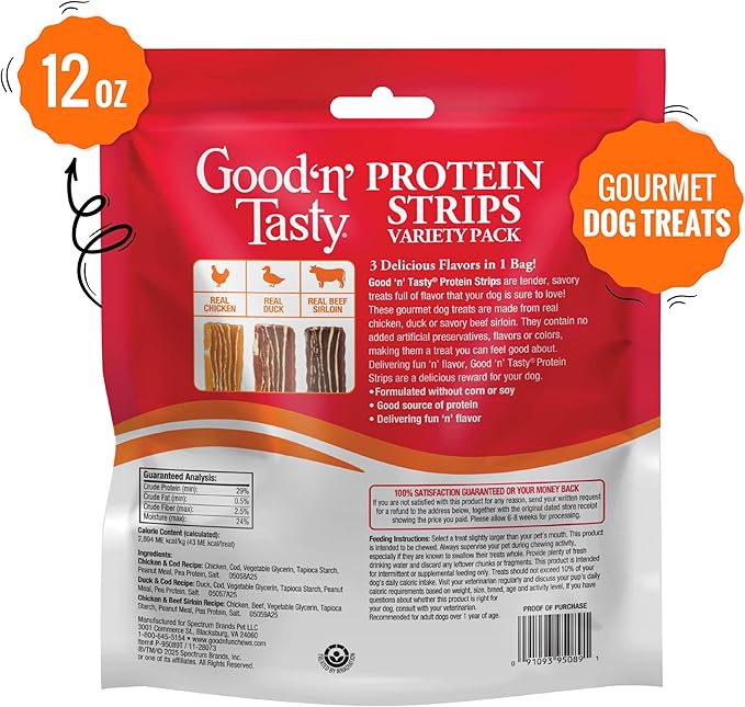 Good’n’Tasty Protein Strips Variety Pack, 12 oz, High-Protein Dog Treat with Real Chicken Or Duck and Savory Beef Sirloin, Jerky-Style Chew with No Added Artificial Preservatives, Flavors Or Colors