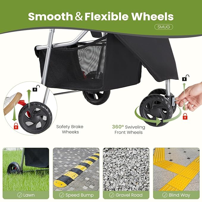 Smug 3 Wheels Pet Stroller, Dog and Cat Strollers, Storage Basket and Cup Holder, Breathable Mesh, Lightweight Travel Carrier, Waterproof and Foldable for Small Pets Outdoor Walk, Black