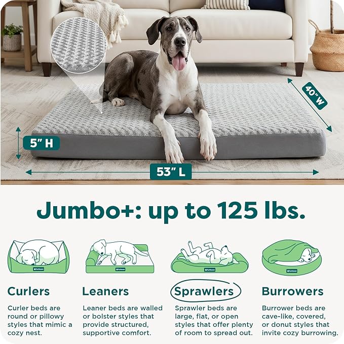 FurHaven Orthopedic Dog Bed for Large Dogs, Mattress Style Bed, Egg Crate with a solid Orthopedic Foam Base for Joint Support, Washable Cover, Jumbo Plus XXL, Plush Faux Fur & Suede, Gray
