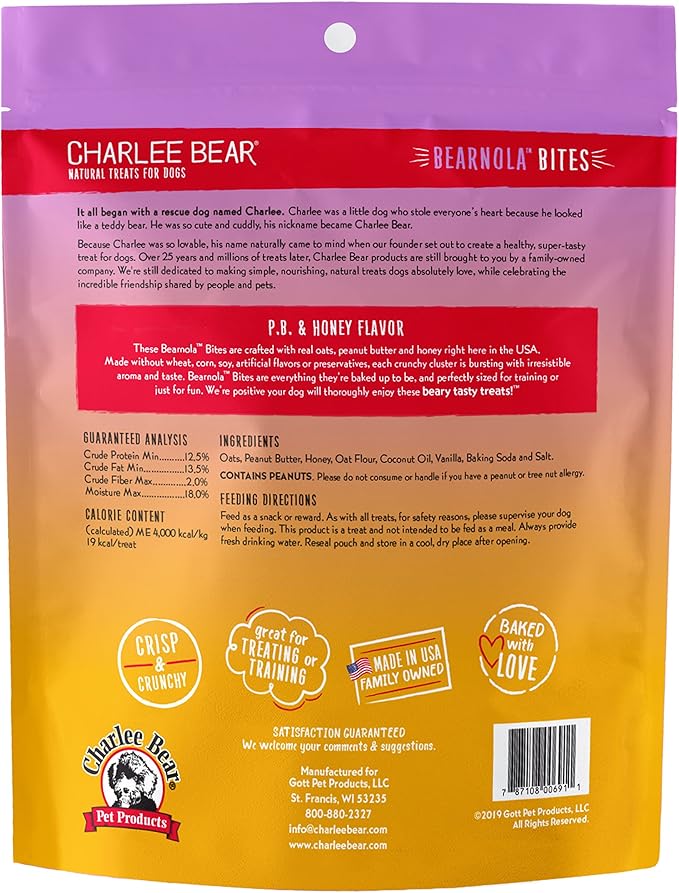 Charlee Bear Bearnola Bites Dog Treats, P.B. & Honey Flavor, 8oz (Pack of 2)