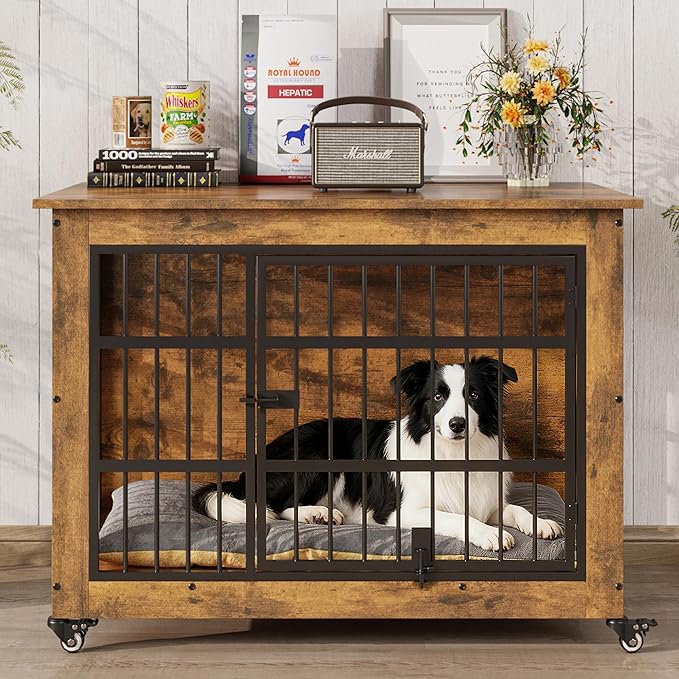Halitaa 38.5" Dog Crate Furniture with Cushion and Wheels, Wooden Dog Kennel Indoor for Medium/Large Dogs, Farmhouse Pet Cage for Anxiety Dog, Rustic Brown (38.5" L x 25.5" W x 29" H)