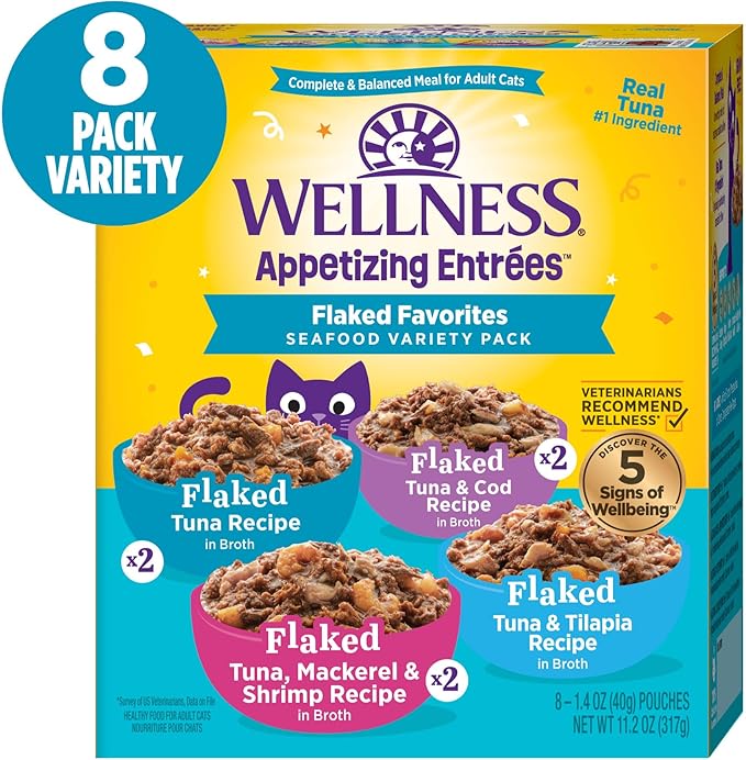 Wellness Appetizing Entrées Flaked Adult Wet Cat Food, Natural, Protein-Rich, Grain Free, 1.4 Ounce Pouch, 8 Pack (Seafood Variety Pack)