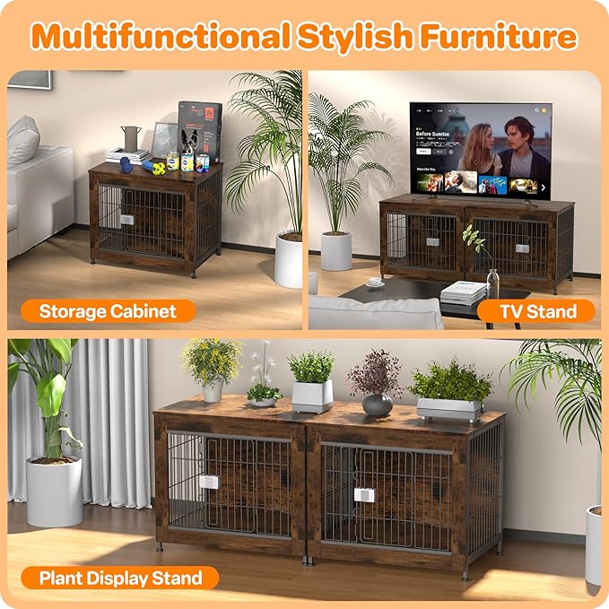 Escape Proof Decorative Dog Crate Furniture with Wooden Top, 27in Furniture Style End Table and Secure Indoor Kennel, Anti Anxiety for All Breeds, Aged Black