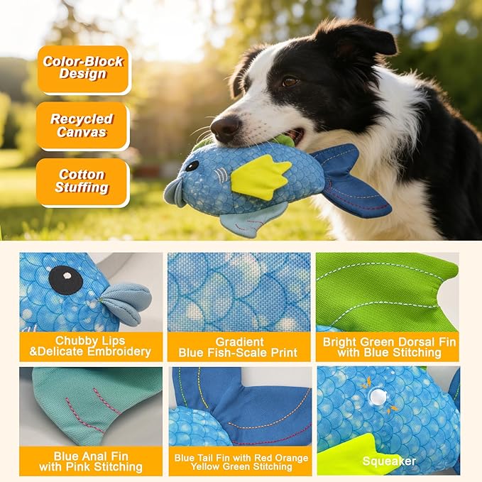 Recycled Canvas Fish Squeaky Dog Toy for Chewers Puppy Teething Chew Toy Cute Funny Blue Stuffed Animal Durable Interactive Dog Squeak Toy for Small Medium Large Dogs Toy Gift 27cm/10.63in