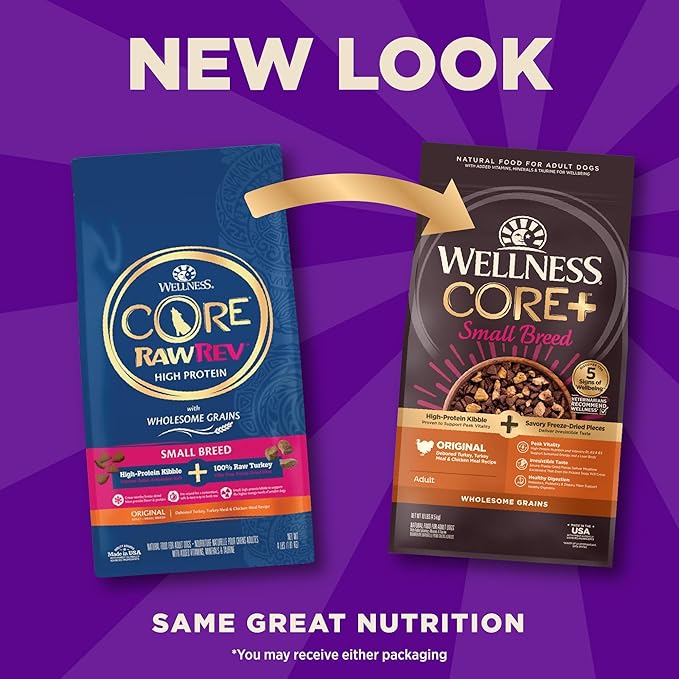 Wellness CORE+ Small Breed Adult Dry Dog Food with Freeze Dried Pieces, Wholesome Grain Kibble+, Natural, High Protein, Turkey and Chicken Recipe, 10 lb Bag