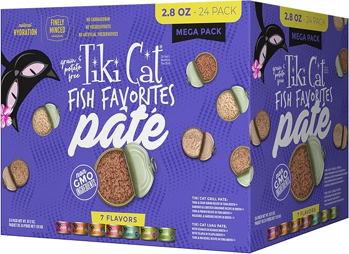 Tiki Cat Fish Favorite Pate, Ultimate Variety Pack, 24 Servings of 7 Delicious Recipes, Wet Cat Food Mega Pack, 2.8 oz. Can (24 Count)