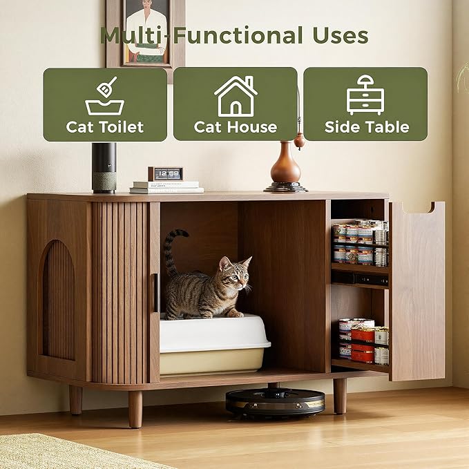 IRONCK Cat Litter Box Enclosure with Sliding Tambour Door – Wooden Hidden Cat House Furniture with 2-Layer Drawer, Side End Table for Living Room, Brown