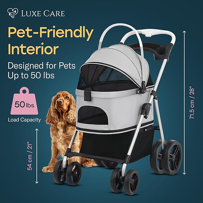 4 Wheel Foldable Pet Stroller - Lightweight Dogs and Cats Stroller Upto 50lbs with Mesh Canopy, Storage Basket and Cup Holder, Durable for Walks and Outings (Medium)
