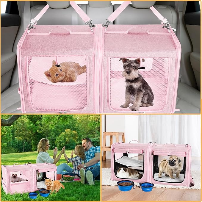 Large Cat Carrier for 2 Cats with Zipper Locks, Double Cat Carrier with Travel Litter Box, Soft Pet Travel Carrier for Cats and Small Dogs Up to 45 Lbs, Pink