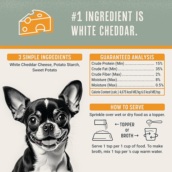 BEAUMONT BASICS Flavors Food Topper for Dogs, Delicious Seasoning for Dog Food, Natural, Grain-Free Kibble Seasoning and Treat Mix for Picky Dogs and Puppies, White Cheddar Recipe, 3.1-Ounce