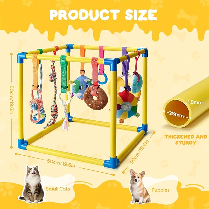 Puppy Play Gym with 10 Hanging Toys, 19.6" Dog Jungle Gym PVC Frame with 10 Interactive Enrichment Toys & Straps for Small Dogs Cats, Indoor Funny Puppy Gym Pet Supplies Essentials