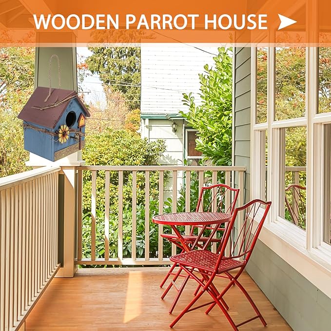 Kisangel Wooden Bird Parrot House Feeder Hanging Wild Bird House Outdoor Garden Blue Metal Edge Birdhouse for Backyard Birding and Wildlife Feeding
