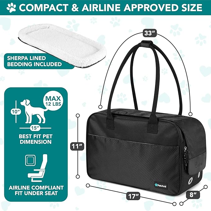PetAmi Dog Purse Carrier for Small Dogs, Airline Approved Soft Sided Pet Carrier with Pockets, Ventilated Dog Carrying Bag for Puppy Cat, Dog Travel Supplies Bag, Sherpa Bed, Max 12 lbs, Black