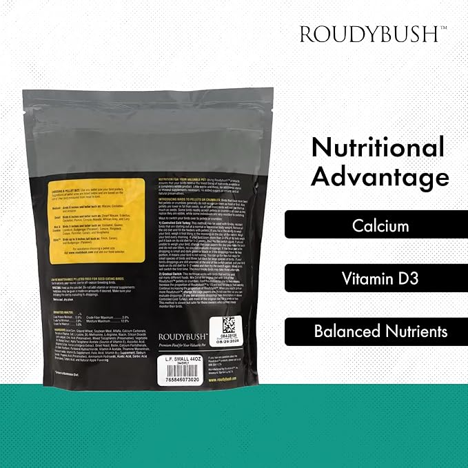 Roudybush Low Fat Food for Adult Birds & Chicks - Scientifically Formulated Bird Feed - Bird Food Pellets w/ Corn, Wheat, Soy & More - Nutritious & Healthy Feed for Birds (Small, 44oz)