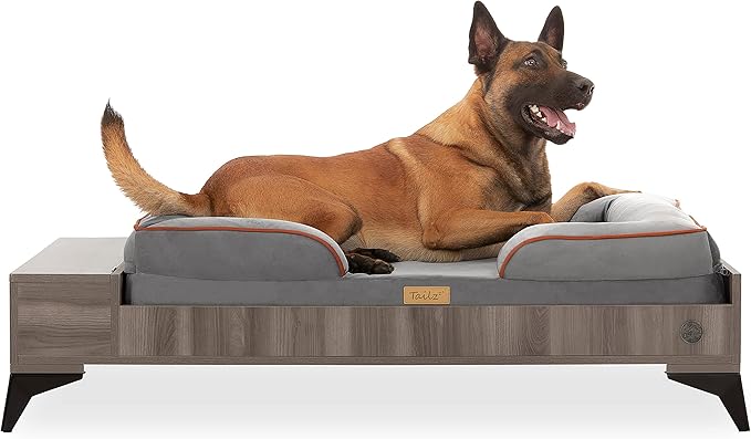 Wooden Dog Bed with Mattress, Large to Extra Large Water-Resistant Elevated Pet Bed, Wooden Pet Bed with Storage, Greenguard Gold Certified, Machine Washable, Smokey Grey, Wyatt - TailZzz