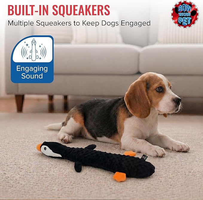 Bow Wow 24” Squeaky Penguin Plush Toy for Dogs & Cats | Soft Interactive Toy for Tug, Fetch & Chew | Ideal for Puppies, Kittens & Small-Medium Pets | Indoor Play & Teething Toy