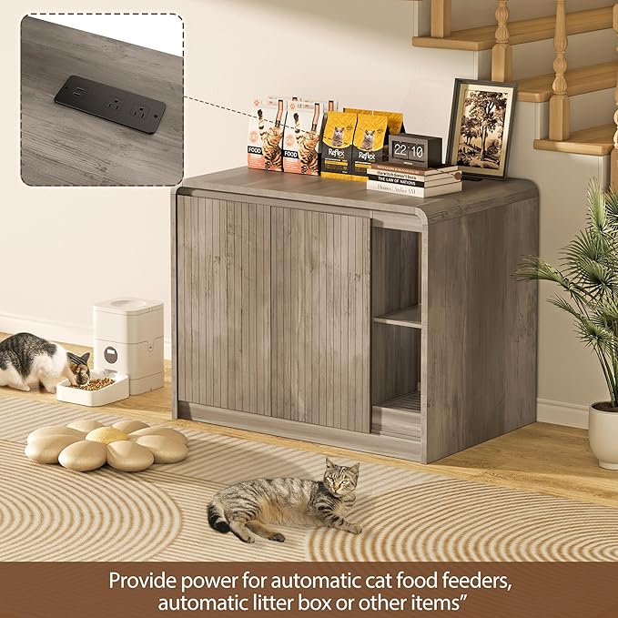 Cat Litter Box Enclosure for Automatic Litter Box, Litter Box Enclosure with Litter Collector and Power Outlet, Large Cat House with Adjustable Shelf for Dog Proof, Side Table, Grey