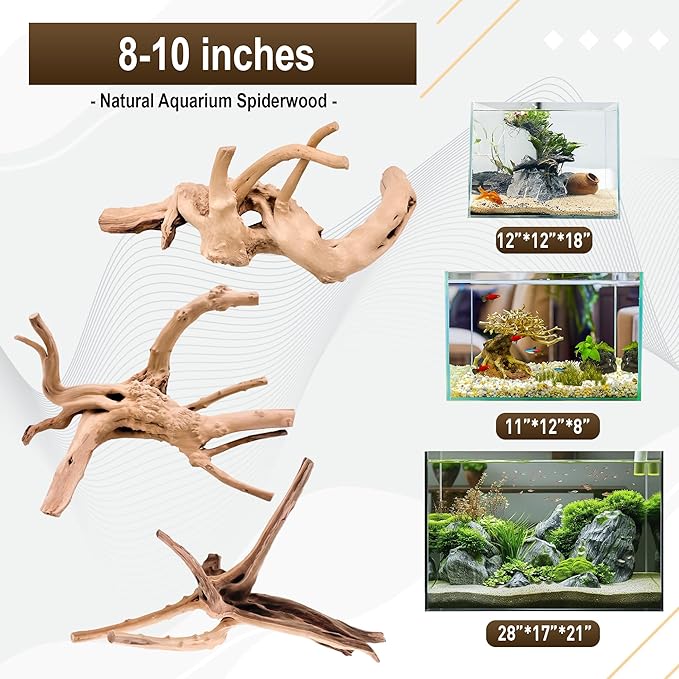Kaiyuan Dynasty 3Pcs 8-10" Natural Aquarium Spiderwood for Reptile Terrariums Spider Wood Branch for Aquatic Plants Fish Tank Decorations