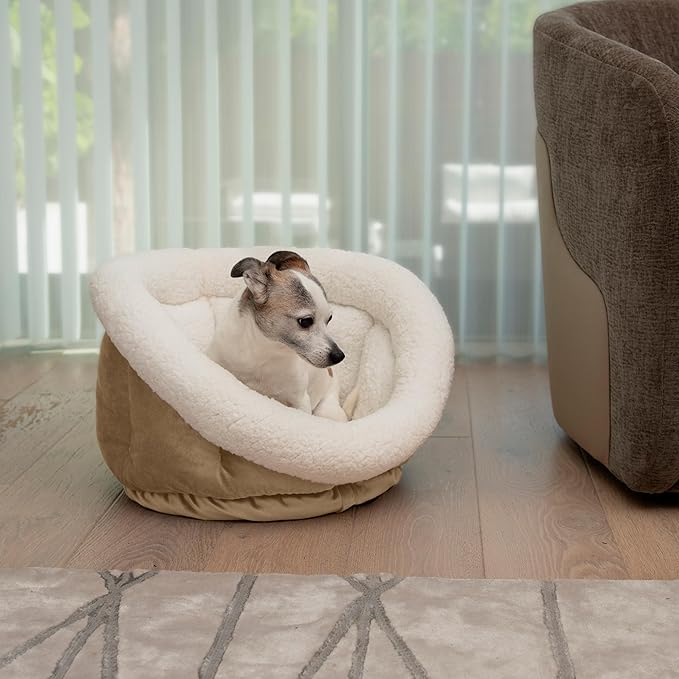 Sherry Kline Small Cuddler Cup Pet Bed: Cozy Retreat with Deep Cushioning, Secure & Snug Space for Nap or Lounge, Easy in 'n' Out Access, Polyester Fiber, Round Shape (Taupe)