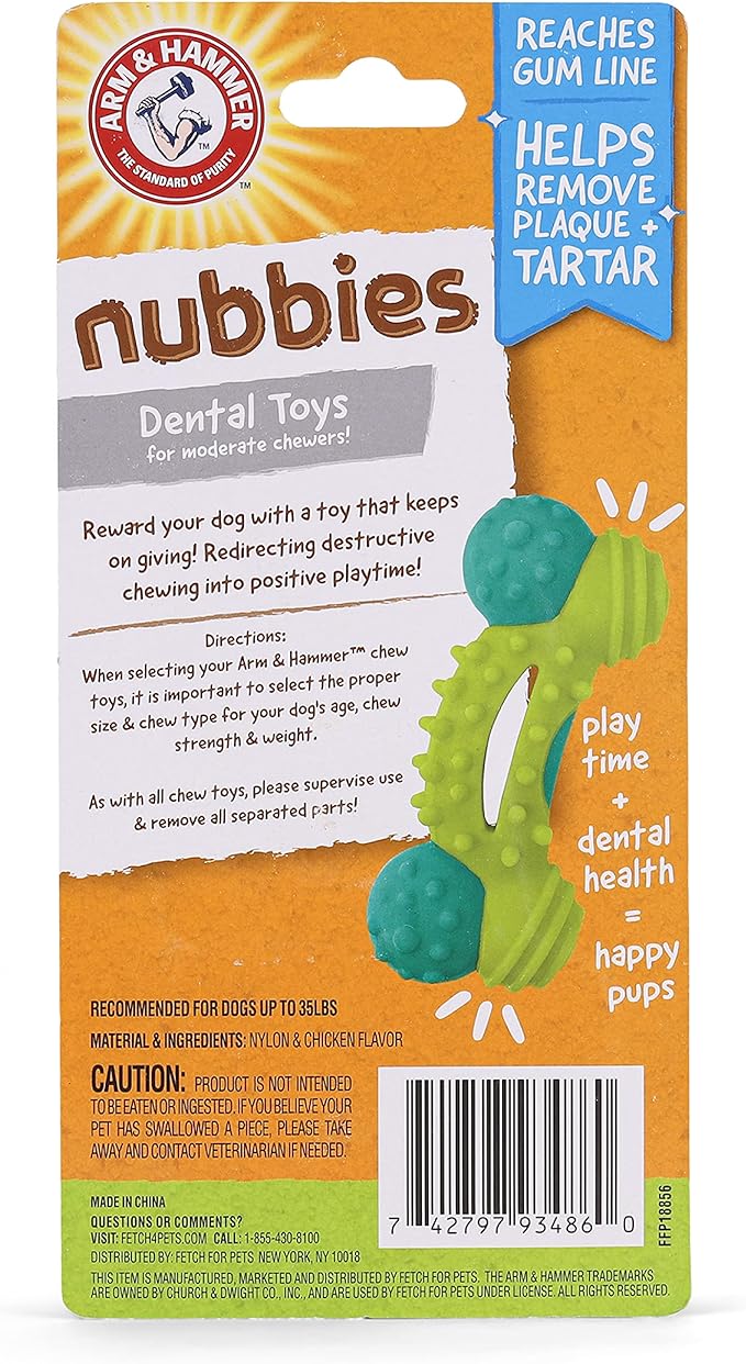 Arm & Hammer Nubbies Duality Bone Dog Dental Chew Toy, Green Apple Flavor, Baking Soda Infused, Nubby Grooves Reduce Plaque and Tartar, No Stuffing, for Moderate Chewers - 24 Pack