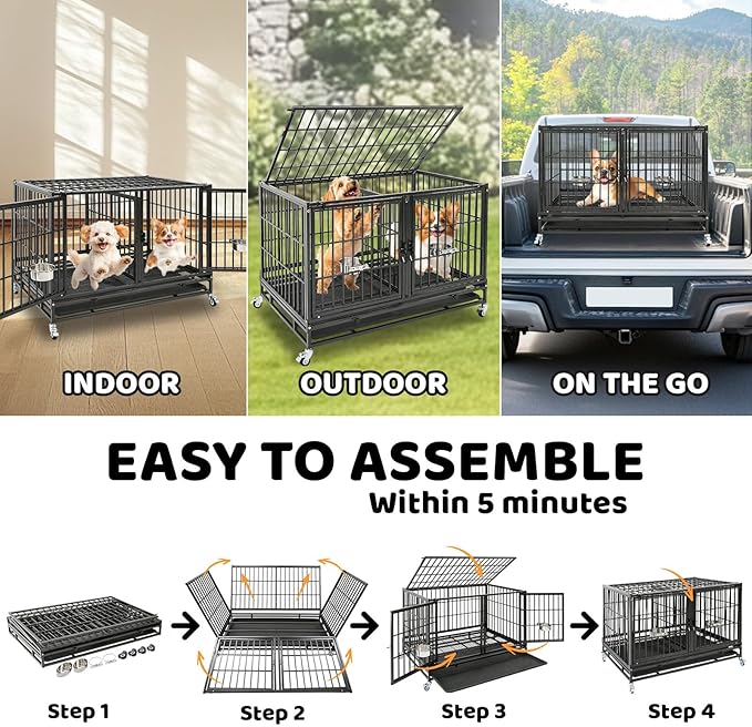 Homey Pet 43 Inch Dog Crate, Heavy Duty Stackable Dog Crate Cage Kennel for Medium Dogs with Divider, Bowls, 3 Door, Removable Grid & Tray, 4 Lockable Wheels, Breeding & Grooming Drop Cages for Dogs