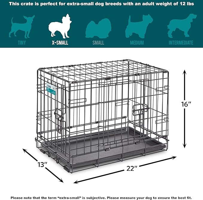 MidWest Homes for Pets 22-Inch iCrate for Extra-Small Breeds, Up to 15 lbs, Double Door Folding Dog Crate with Divider Panel, Leak-Proof Tray & Secure Latches, Portable, Durable & Easy to Assemble