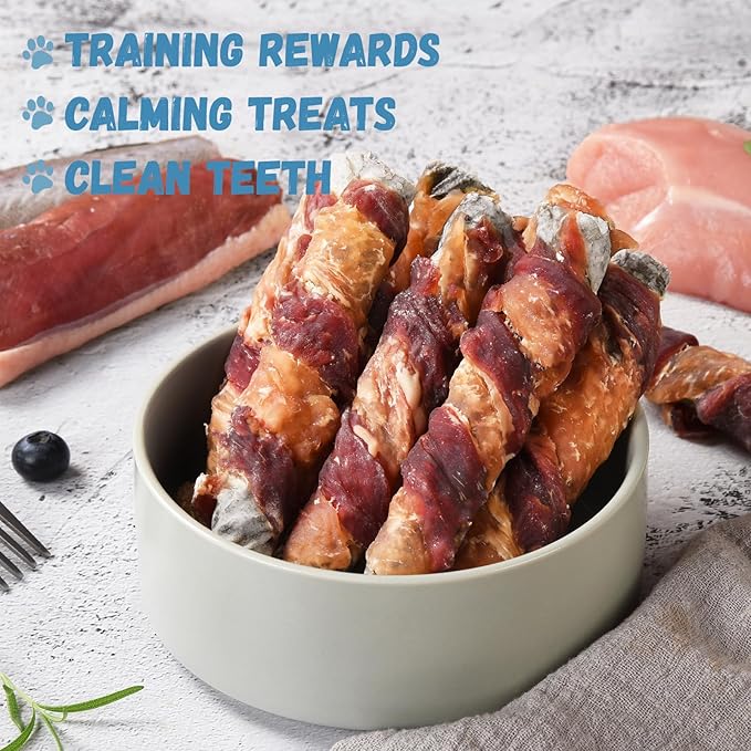 Pawmate Dog Treats Chicken Duck Wrapped Cod Skin Sticks, Rawhide-Free, Grain-Free Dog Chewy Treats for Healthy Teeth and Coat,Training Treats for Small Medium Large Dogs, 9-10 Counts