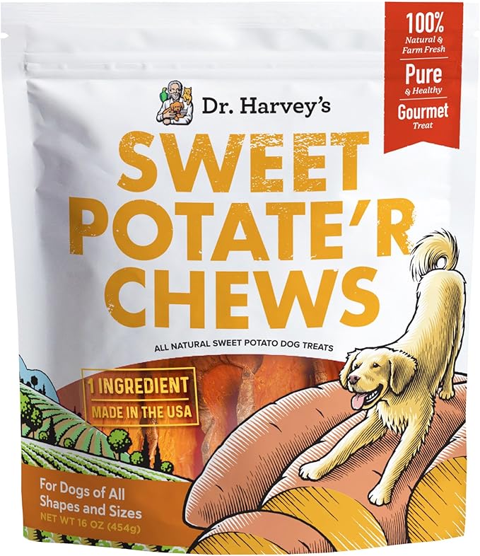 Dr. Harvey's Sweet Potato Chews for Dogs, Dog Treats for Small, Medium, Large Dogs, Natural Dog Snacks for Training, Healthy Teeth, Preventing Bad Breath, and Aggressive Chewers, USA Grown (1 Pound)